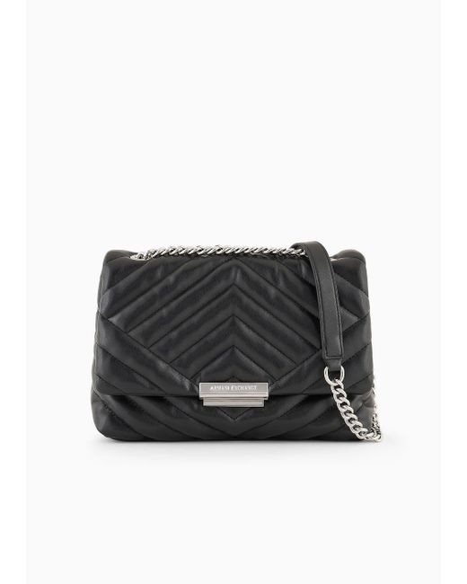 Armani Exchange Black Shoulder Bag In Quilted Material With Metal Details