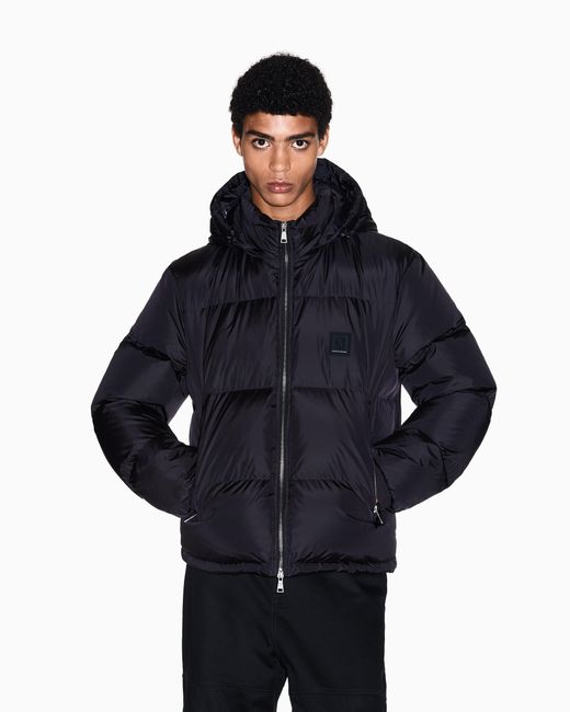ARMANI EXCHANGE Blue Hooded Down Jacket With An Ultralight Quilted Design Icon for men