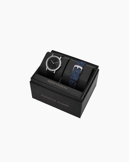 ARMANI EXCHANGE Black Two-Hand Leather Watch And Denim Strap Set for men