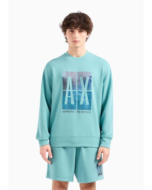 Armani Exchange Blue Crew-neck Sweatshirt With Maxi A|x Photographic Print for men