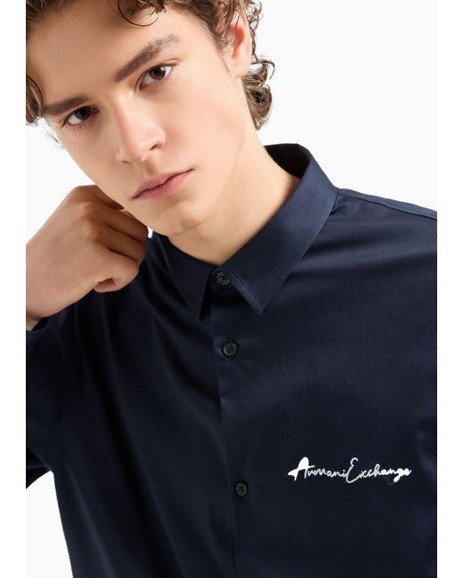 Camicia Regular Fit In Cotone Satinato Stretch di Armani Exchange in Blue da Uomo