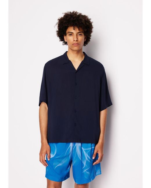 Armani Exchange Blue Boxy Fit Shirt With Short Sleeves In Viscose for men