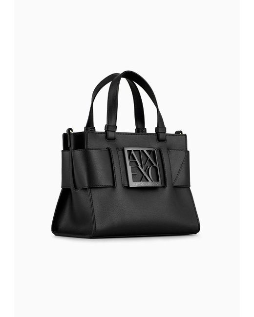 Armani Exchange Black Medium Tote Bag With Double Handles And Shoulder Strap