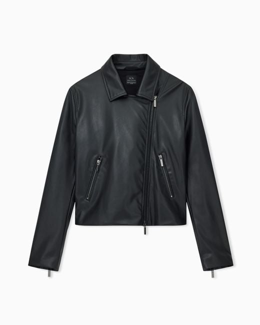 ARMANI EXCHANGE Black Faux Leather Coat With A Diagonal Zip Closure