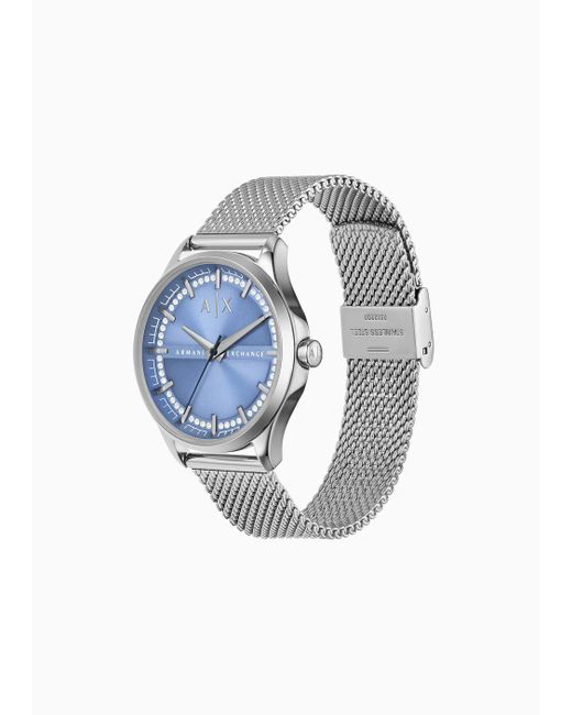 Armani Exchange Blue Uhr Mit Drei Zeigern Und Schwarzem Edelstahlmaschen-armband