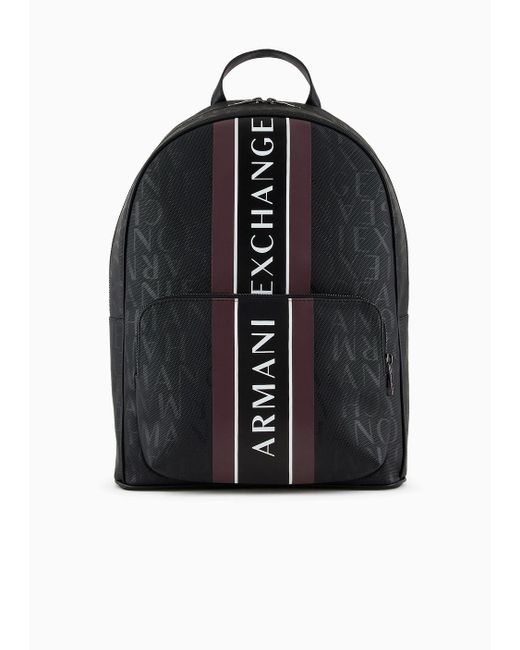 Armani Exchange Black Backpack With All-over Lettering And Logoed Two-tone Band for men