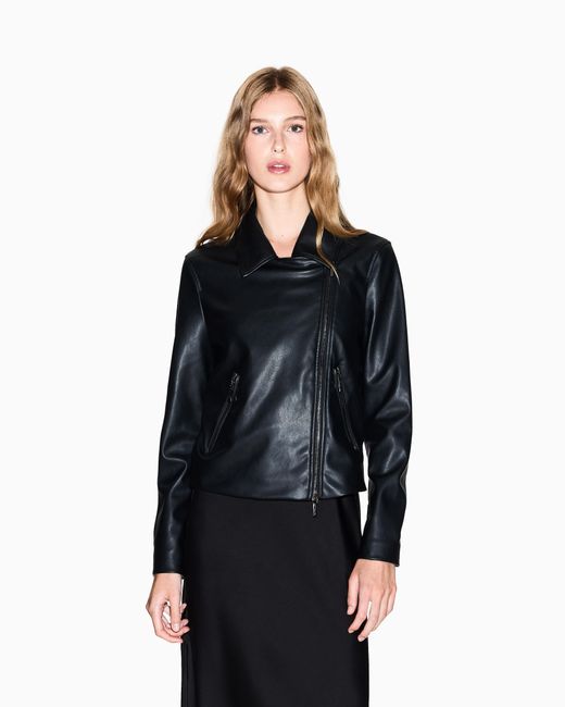 ARMANI EXCHANGE Black Faux Leather Coat With A Diagonal Zip Closure