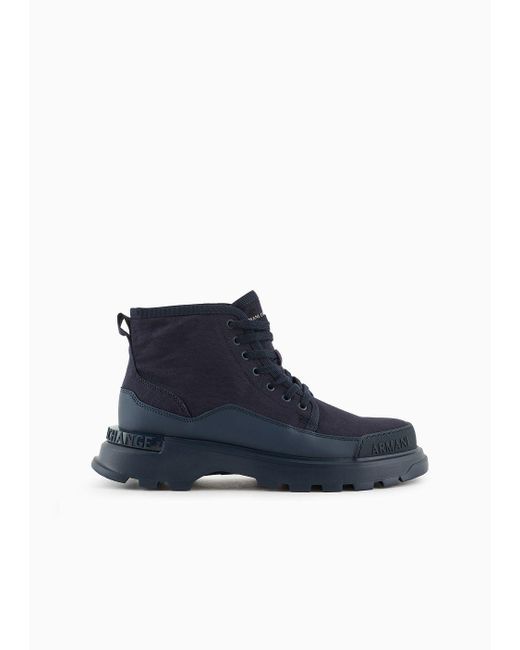 Armani Exchange Blue Cotton Canvas Combat Boots With Coated Rubber for men
