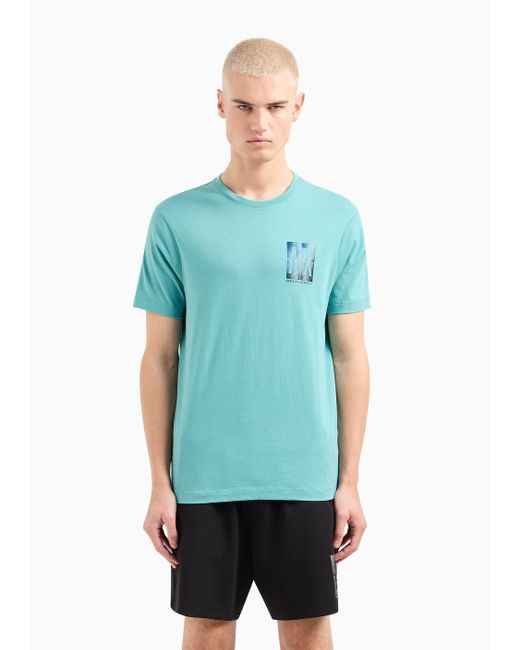 Armani Exchange Blue Regular Fit Cotton T-shirt With Logo Print On The Chest for men