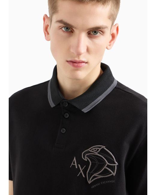Armani Exchange Black Regular Fit Pique Polo Shirt With Embroidery for men