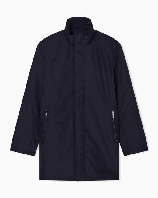ARMANI EXCHANGE Blue Overcoat With A High Collar And Concealed Zipper Essential for men