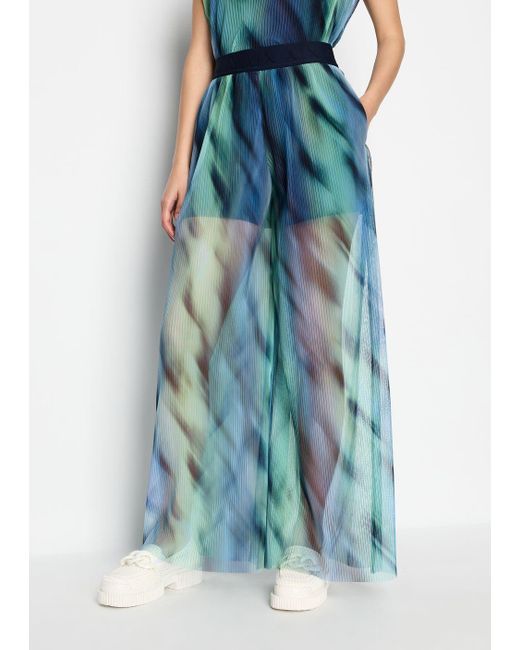 Armani Exchange Blue Wide Trousers In See-through Tulle