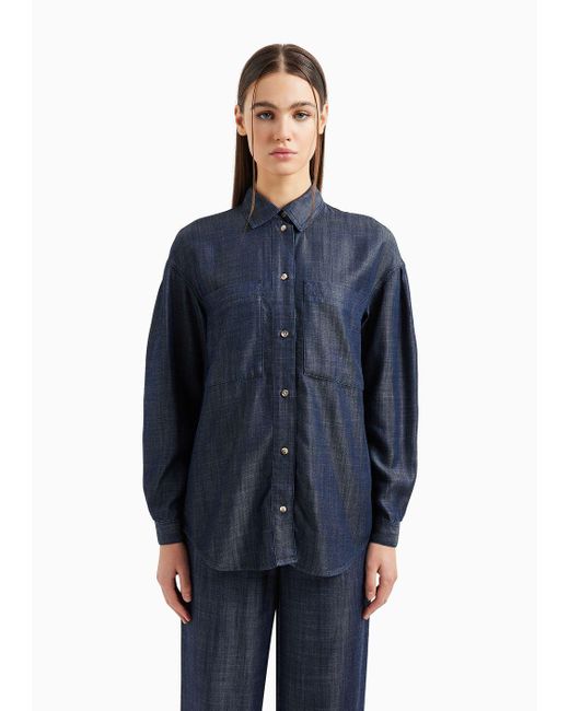 Armani Exchange Blue Chambray Denim Shirt With Wide Sleeves