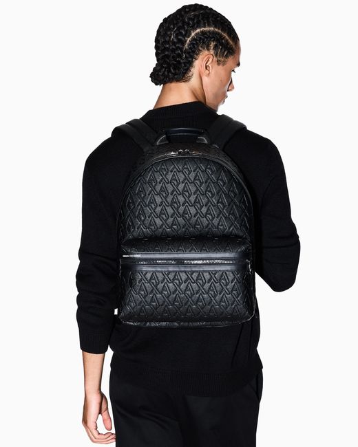 ARMANI EXCHANGE Black Backpack With Embossed Pattern And Front Zip Pocket for men