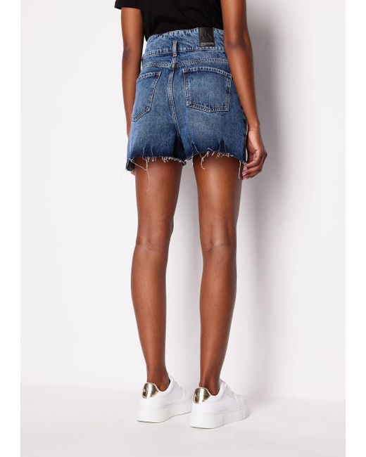 Armani Exchange Blue High-waisted Shorts In Used-effect Denim