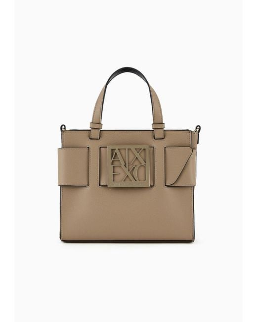 Armani Exchange Natural Medium Tote Bag With Double Handles And Shoulder Strap