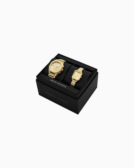 ARMANI EXCHANGE Metallic Sync Chronograph-Tone Stainless Steel Watch Pair Gift Set for men