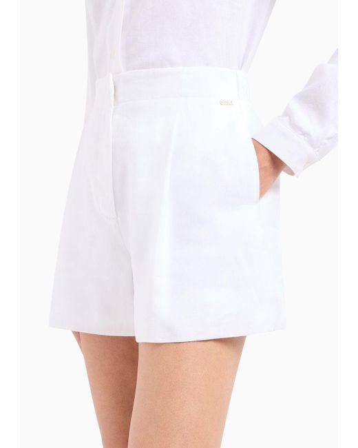 Armani Exchange White High-waisted Shorts With Pleats In Linen And Cotton