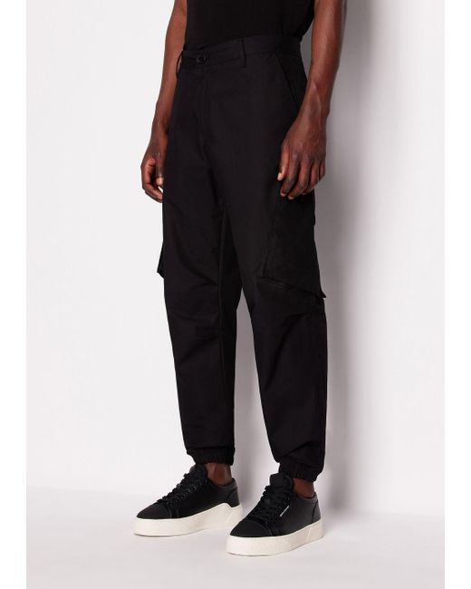 Armani Exchange Black Cotton Gabardine Cargo Trousers for men