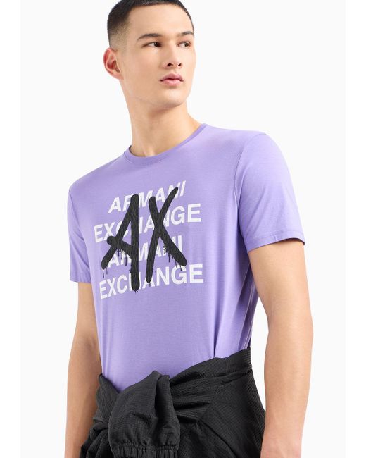 Armani Exchange Purple Pima Cotton Jersey T-shirt With Prints On The Front for men