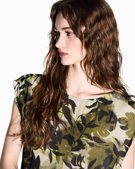 ARMANI EXCHANGE Green Printed Crinkle Viscose Top