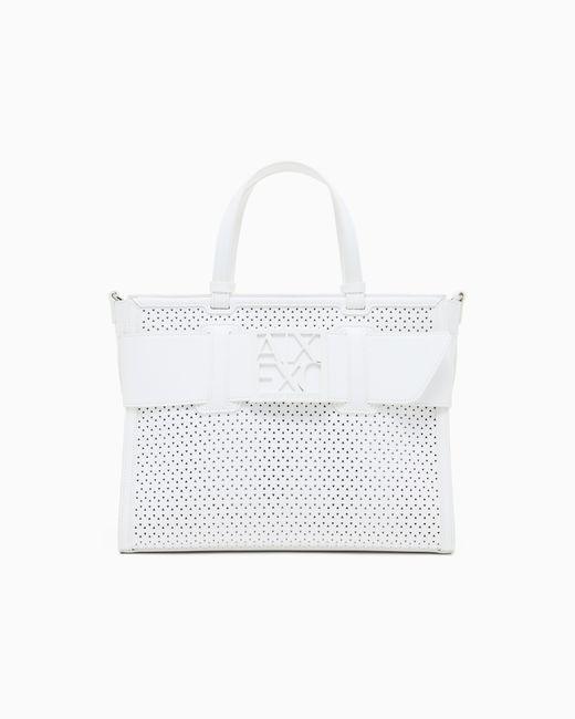 ARMANI EXCHANGE White Crinkle-Effect Fabric Shopper
