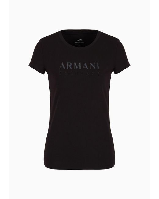 Armani Exchange Black Slim Fit T-shirt In Asv Stretch Organic Cotton With Glitter Logo