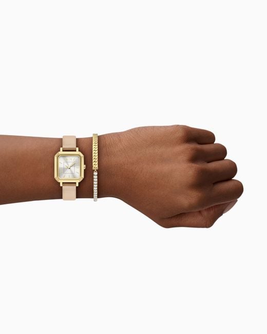 ARMANI EXCHANGE White Three-Hand Nude Leather Watch And Bracelet Gift Set
