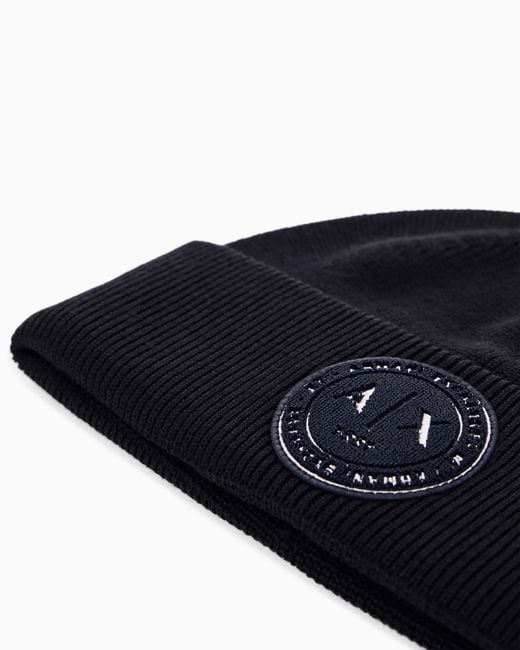 ARMANI EXCHANGE Blue Beanie Hat Wool-Cotton Mix for men