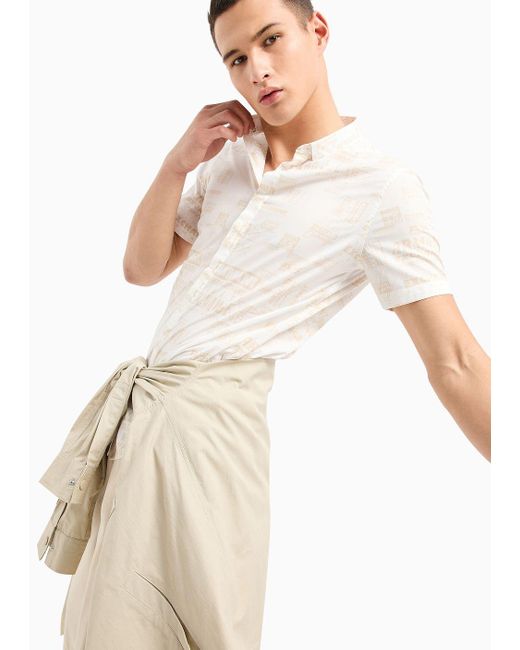 Camicia Slim Fit A Maniche Corte In Cotone A Fantasia di Armani Exchange in White da Uomo