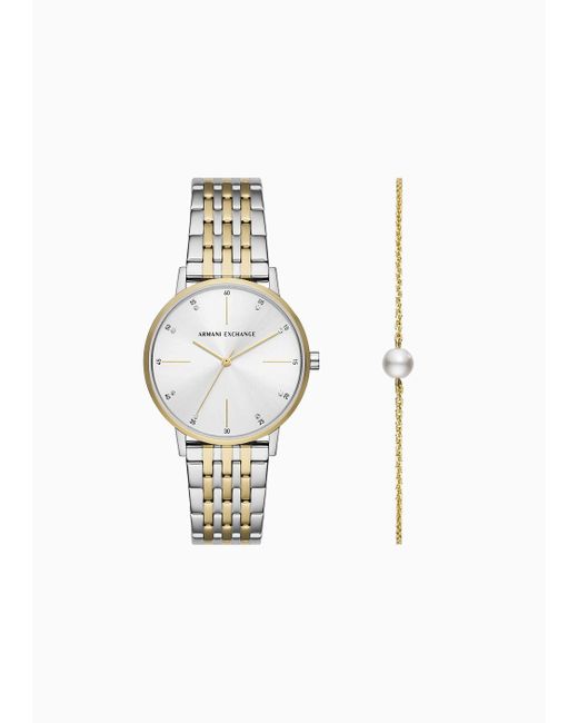 Armani Exchange White Three-hand Two-tone Stainless Steel Watch And Bracelet Set