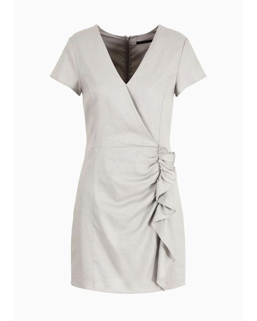 Armani Exchange White Linen Blend Tulip Dress With Ruffles