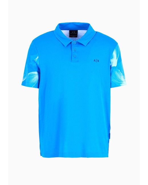 Armani Exchange Blue Regular Fit Cotton Polo Shirt With Short Patterned Sleeves for men
