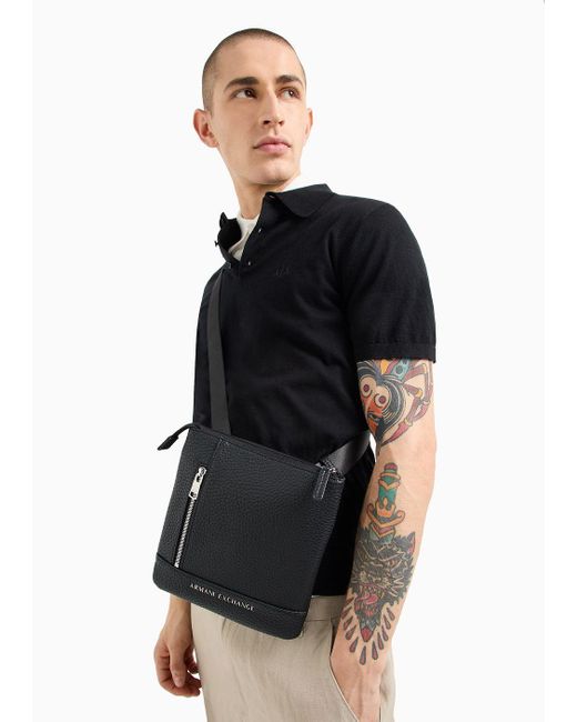 Armani Exchange Black Flat Crossbody Bag With External Pocket for men