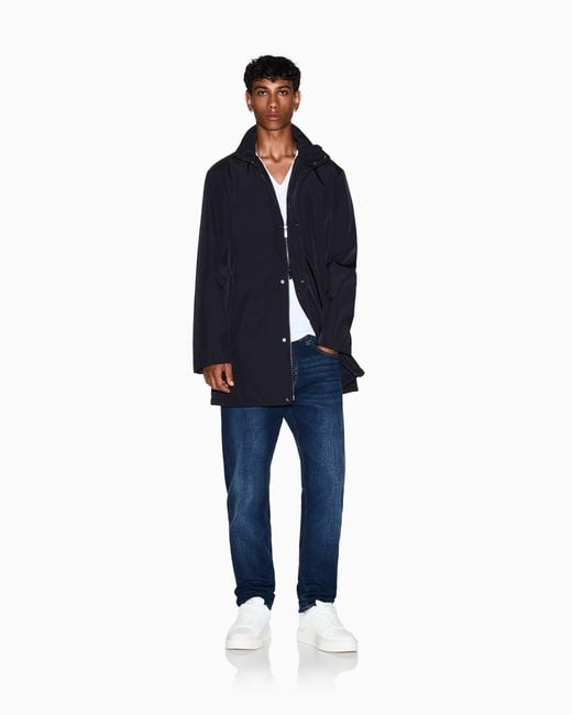 ARMANI EXCHANGE Blue Overcoat With A High Collar And Concealed Zipper Essential for men