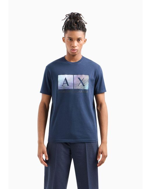 Armani Exchange Blue Regular Fit Cotton T-shirt With Maxi Logo Print for men
