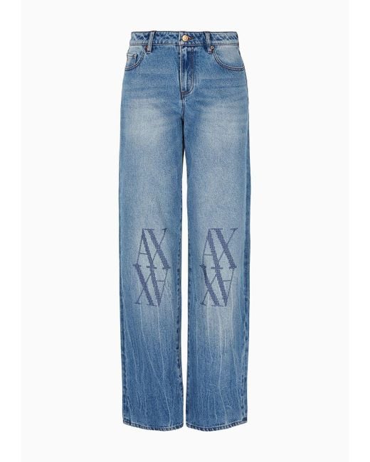ARMANI EXCHANGE Blue Relaxed Fit Jeans In Stiff Denim With Embroidered Monogram