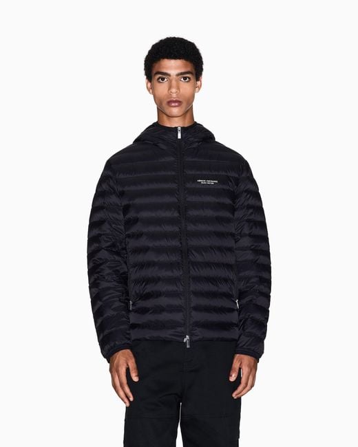 ARMANI EXCHANGE Black Quilted Nylon Down Puffer Jacket With Hood Essential for men