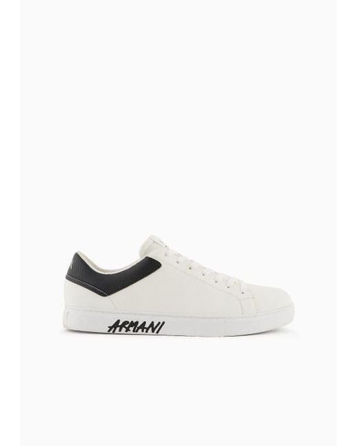 Armani Exchange White Graffiti Logo Leather Sneakers for men