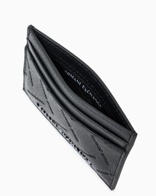 ARMANI EXCHANGE Black Leather Cardholder With Embossed Pattern And Metallic Logo for men