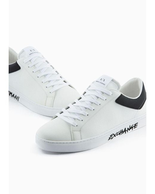 Armani Exchange White Graffiti Logo Leather Sneakers for men