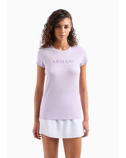 Armani Exchange Pink Slim Fit T-shirt In Asv Stretch Organic Cotton With Glitter Logo