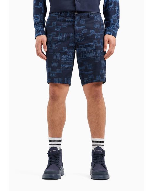 Armani Exchange Blue Shorts In Camouflage Patterned Cotton Gabardine for men