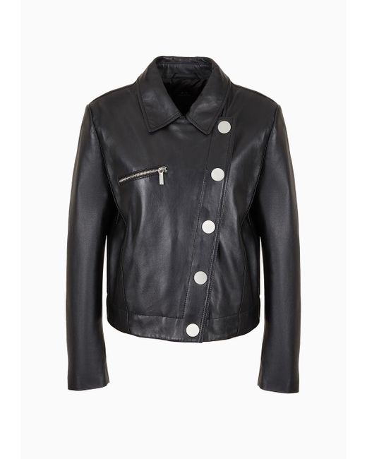Armani Exchange Black Leather Jacket Diagonal Buttoning