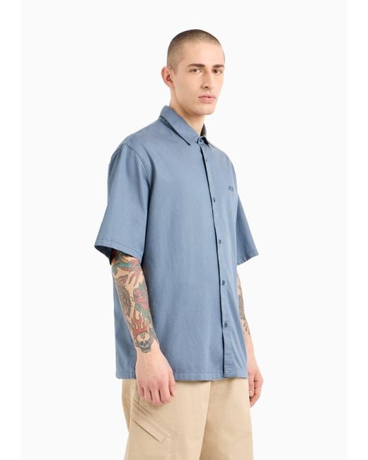 Armani Exchange Blue Boxy Fit Shirt With Short Sleeves In Lyocell And Cotton for men