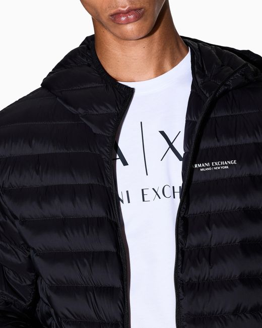 ARMANI EXCHANGE Black Quilted Nylon Down Puffer Jacket With Hood Essential for men