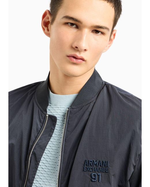 Armani Exchange Blue Bomber Jacket In Full Zip Crinkle Fabric for men