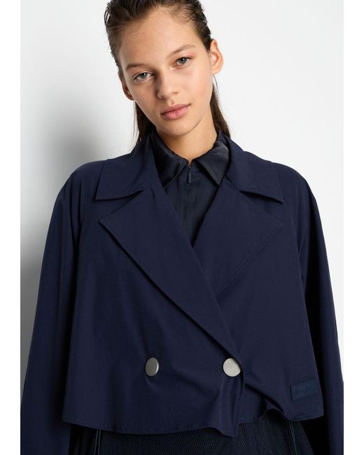 Armani Exchange Blue Double-breasted Trench Coat In Stretch Ripstop Nylon