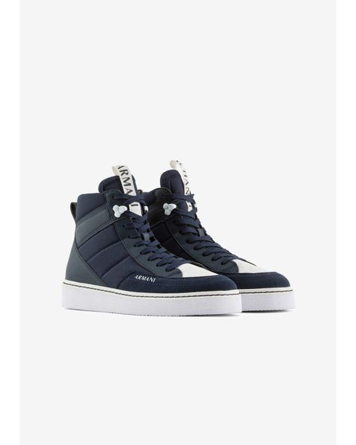 Armani Exchange Blue High Top Logo Lettering Suede Blend Sneakers for men