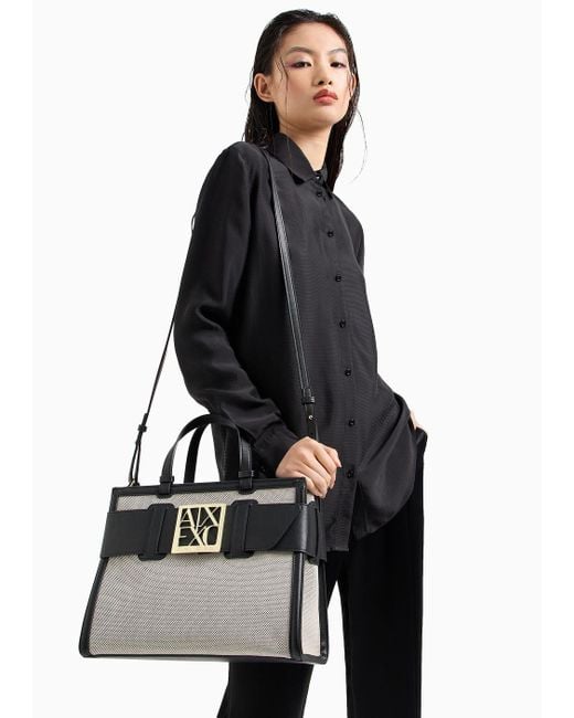 Armani Exchange Natural Tote Bag With Contrasting Inserts And Maxi Logo